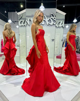Strapless Red Satin Prom Dress UK Long Mermaid Formal Gown Mychicdress